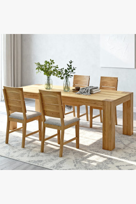 Masszív tölgyfa étkezőasztal 220x100 cm 4 szürke skandináv székkel